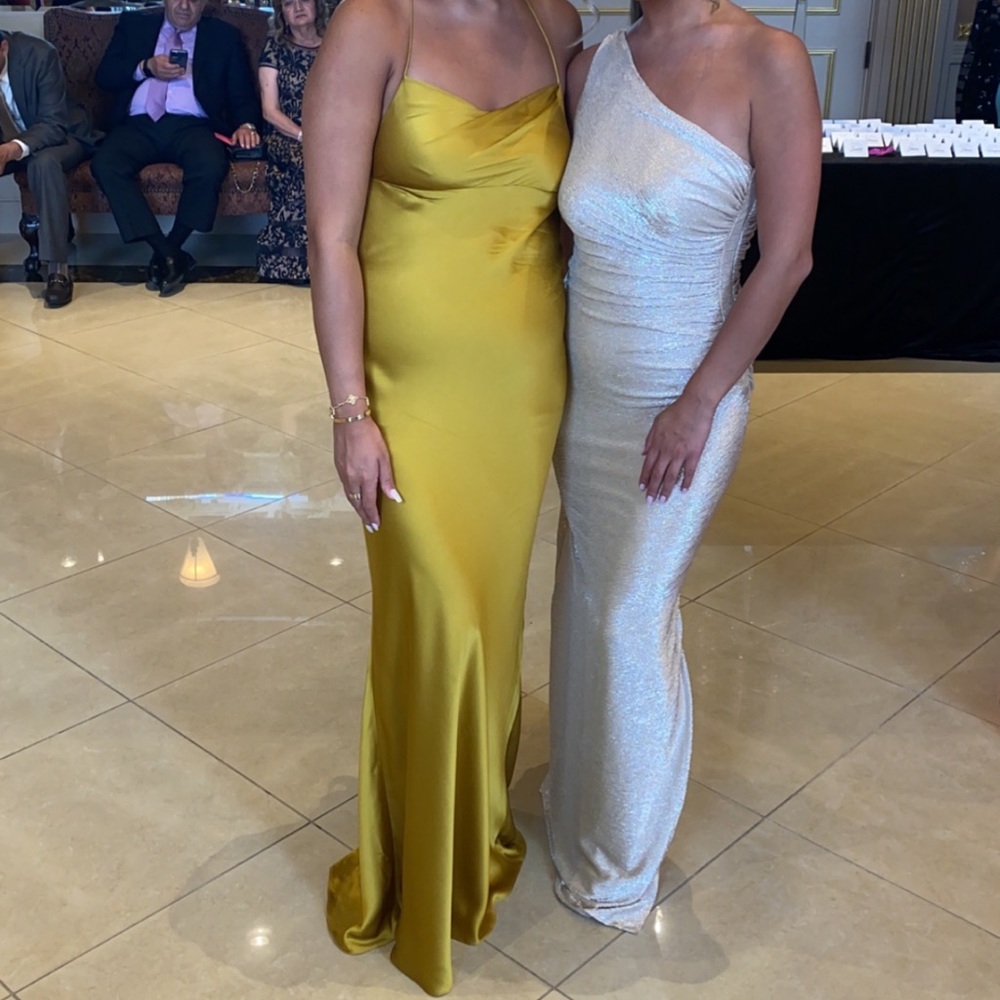 Michelle mason mustard yellow satin gown
